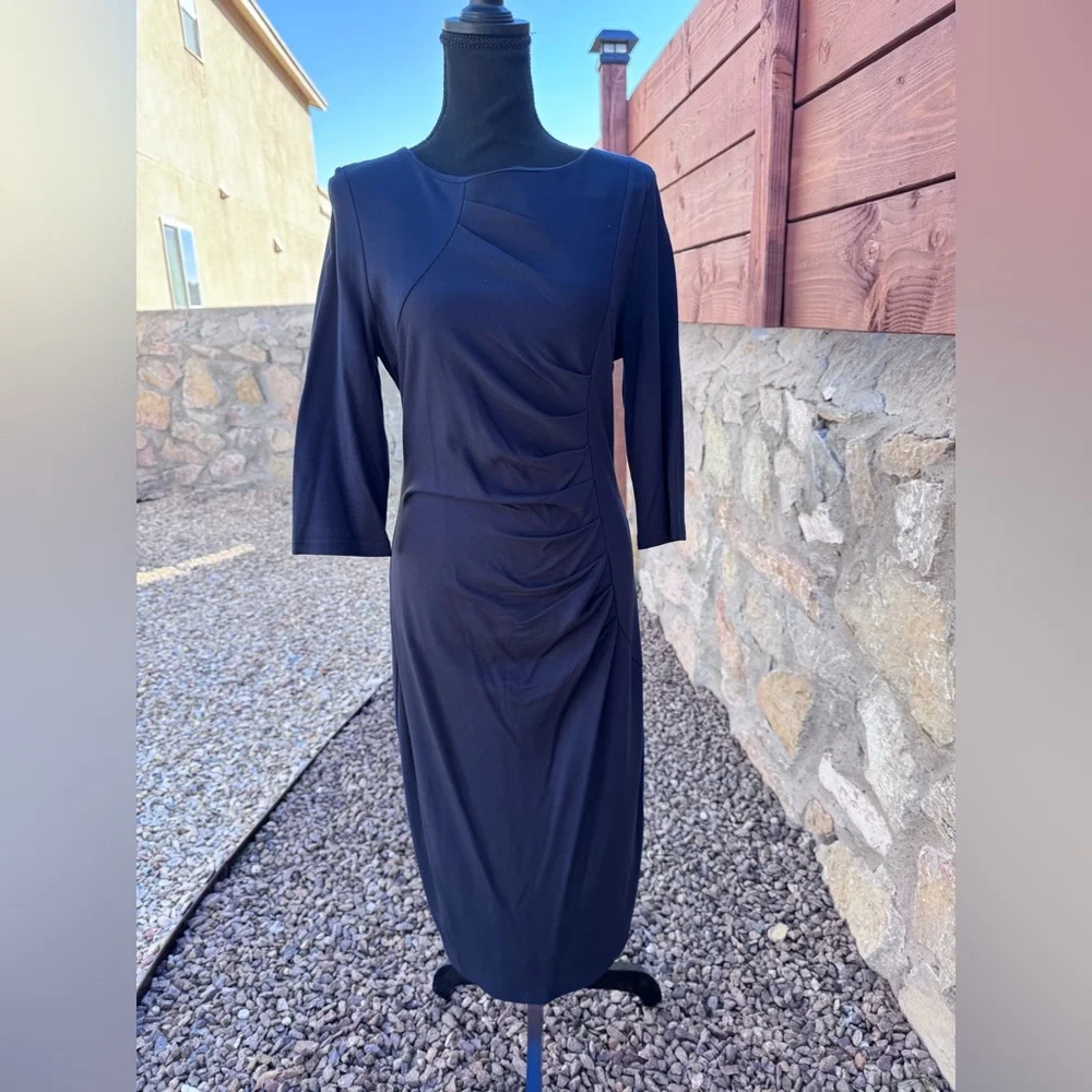 HOMEEYE Navy Blue Ruched Sheath Dress Large 3/4 Sleeve Bodycon Work EXCELLENT - Picture 8 of 13